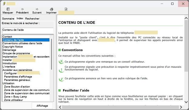 Aide en ligne avec sommaire, index et recherche