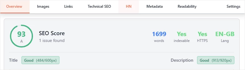 Exemple de score SEO fourni par l'extension navigateur Cuik SEO